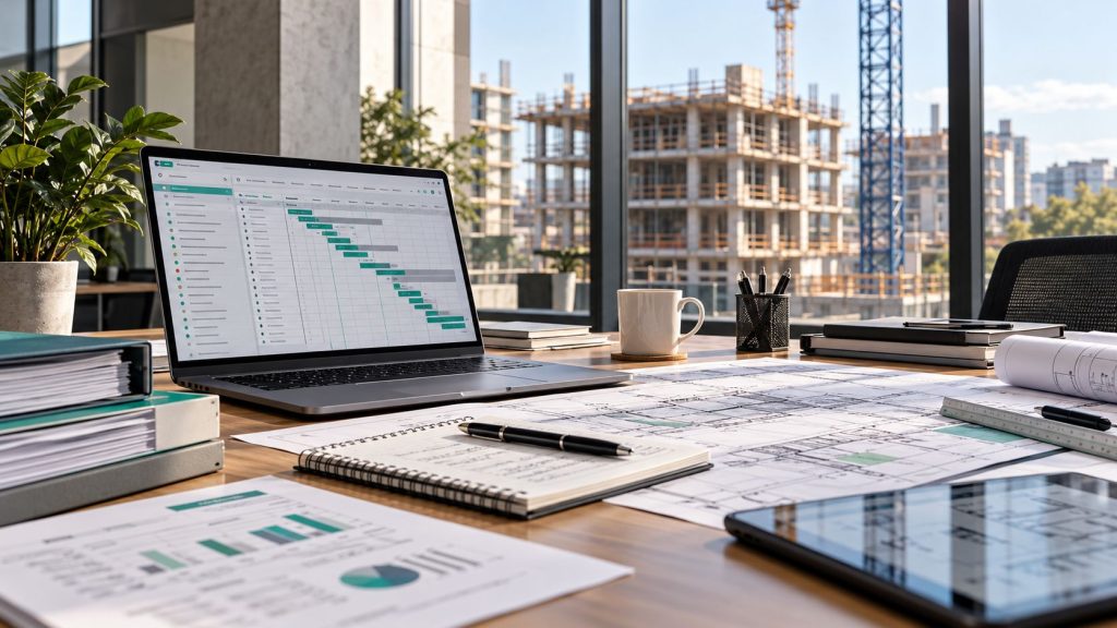 Documentación técnica y planificación de obra en una empresa constructora.